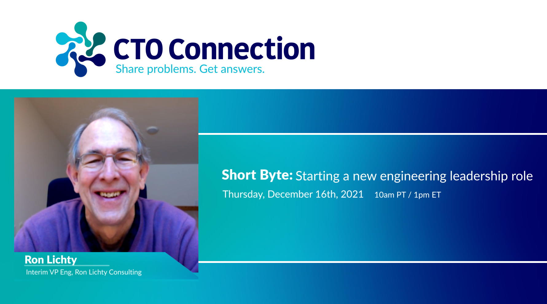 29 minutes: Ron interviewed by CTO Summit organizer Peter Bell, Dec. 16, 2021, on the topic of what engineering leaders can learn from Ron's frequently parachuting into interim VP Engineering roles